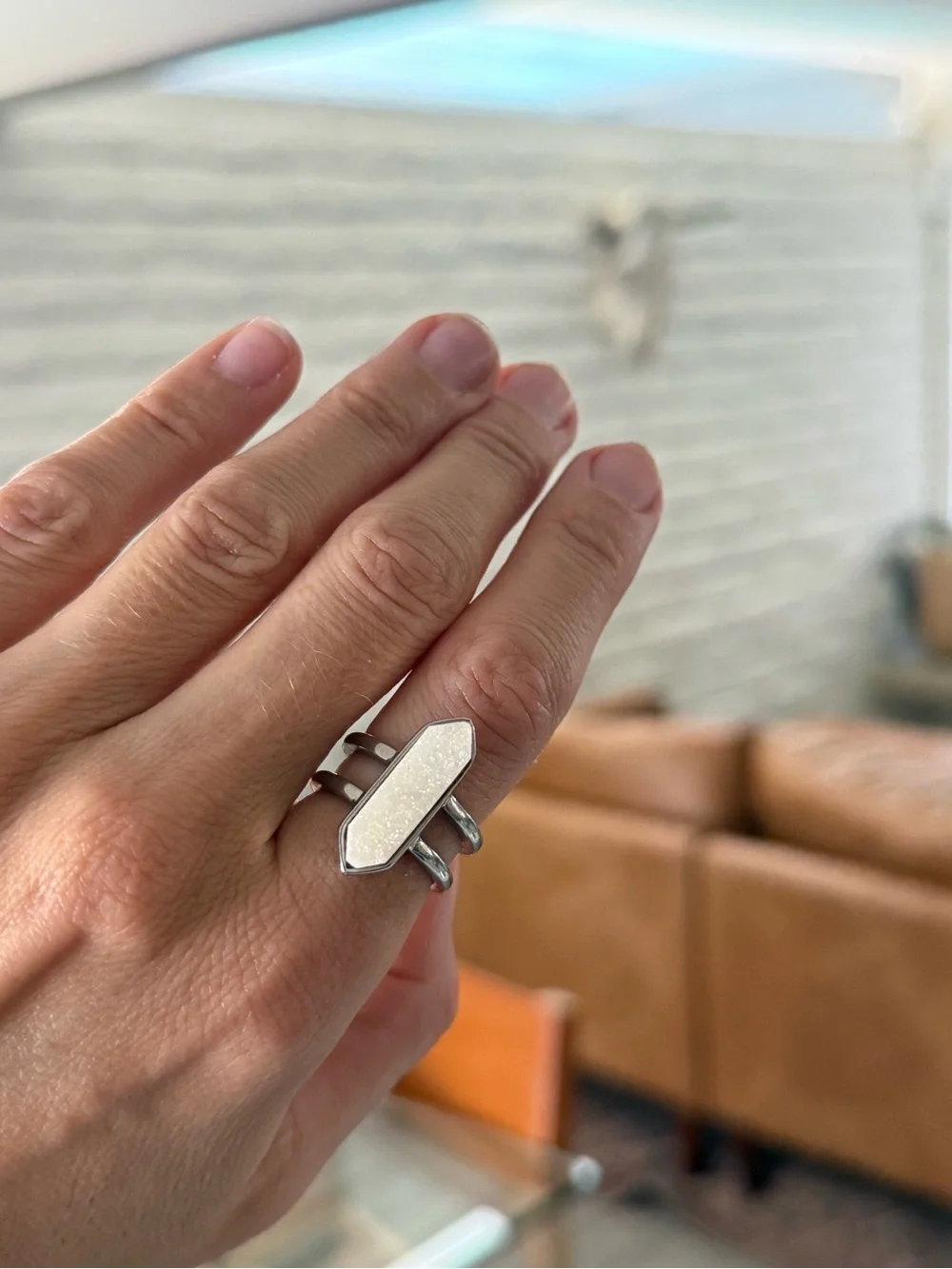 Kinsley Armelle Silver-Tone White Druzy Oval Statement Ring